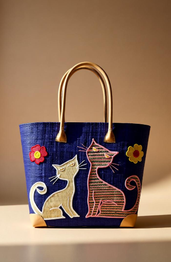 Panier rangement tressé bleu motif chat