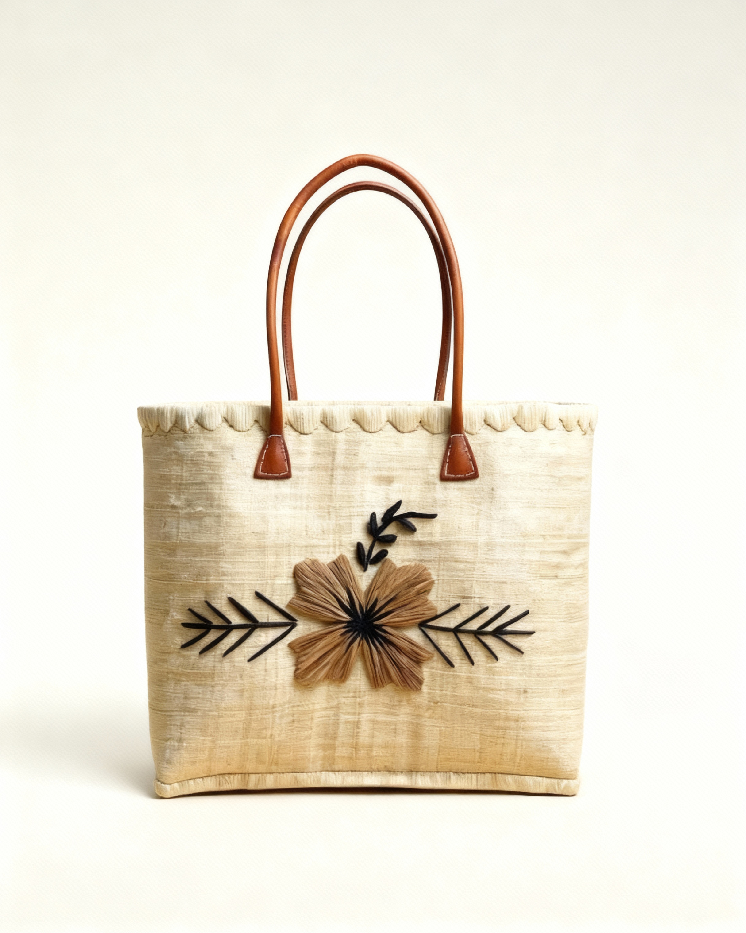 Panier rabane madagascar brodé fleur naturel