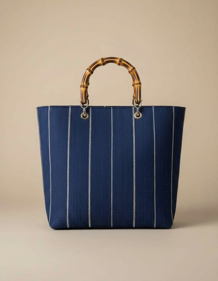Panier rabane bleu anses bambou plage