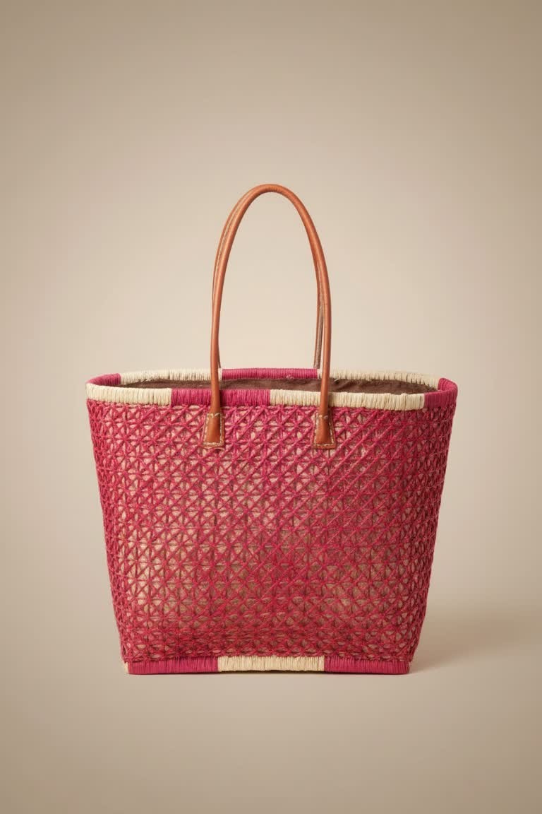 Panier raphia madagascar rectangulaire rouge macramé